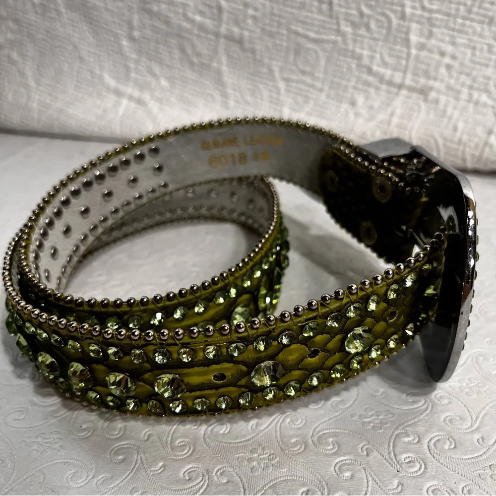 Genuine Leather Rhinestone Belt Western Cowgirl Green Sparkly Bling Belt Small M